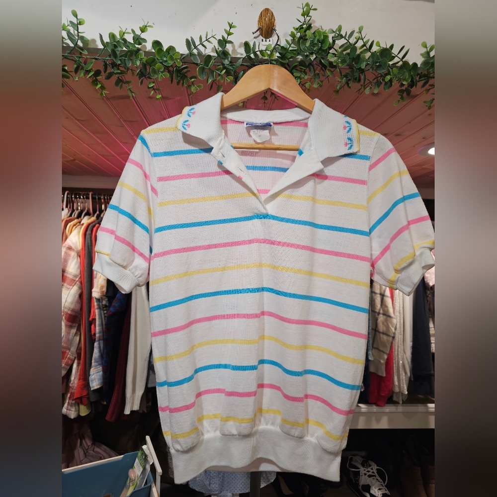 Vintage Pastel Stripe Floral Collar Cuffed Paper Tag USA Top